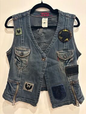 Levi's Red Vintage Denim Patchwork Moto One of a Kind Vest M